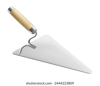 Isometric cement trowel isolated on white background. Realistic bricklayer trowel vector icon for web design. Spatula with a wooden handle. Construction tool. Vector illustration. 3D.