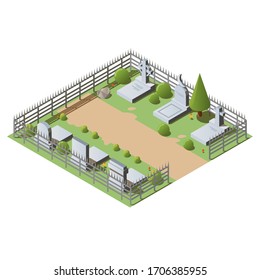 Isometric cemetery concept with granite graves, crosses and tombstones. 3d vector illustration of graveyard and tomb, isolated on white background. Outdoor burial place of the dead.