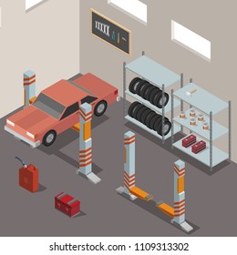 Isometric Center Mechanical car service with repair Check Up vehicles of wheel machine and vector illustration big set