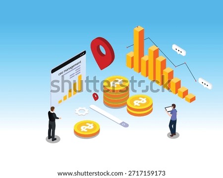 Isometric CEO Management Dashboard with Financial Growth Charts and Global Pin 3d vector illustration