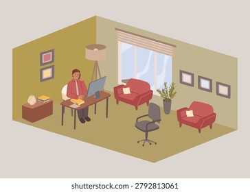 Isometric CEO Office Vector Illustration with Executive Manager Character Talking on Phone at Desk Business Workplace Interior Plan Layout Flat 3D Illustration