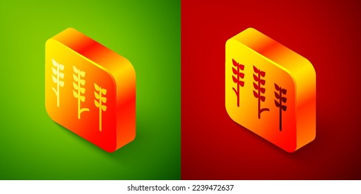 Isometric Cereals set with rice, wheat, corn, oats, rye, barley icon isolated on green and red background. Ears of wheat bread symbols. Square button. Vector