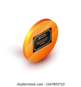 Isometric Certificate template icon isolated on white background. Achievement, award, degree, grant, diploma. Business success certificate. Orange circle button. Vector Illustration