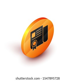 Isometric Certificate template icon isolated on white background. Achievement, award, degree, grant, diploma. Business success certificate. Orange circle button. Vector Illustration