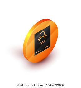 Isometric Certificate template icon isolated on white background. Achievement, award, degree, grant, diploma. Business success certificate. Orange circle button. Vector Illustration