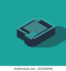 Isometric Certificate template icon isolated on green background. Achievement, award, degree, grant, diploma. Business success certificate.  Vector Illustration