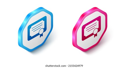 Isometric Certificate template icon isolated on white background. Achievement, award, degree, grant, diploma concepts. Hexagon button. Vector