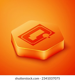 Isometric Certificate template icon isolated on orange background. Achievement, award, degree, grant, diploma concepts. Orange hexagon button. Vector Illustration