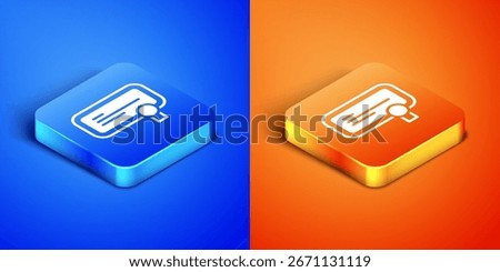 Isometric Certificate template icon isolated on blue and orange background. Achievement, award, degree, grant, diploma concepts. Square button. Vector