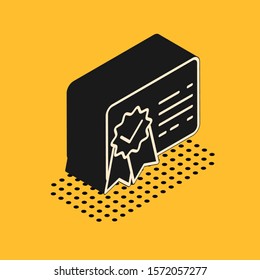 Isometric Certificate template line icon isolated on yellow background. Achievement, award, degree, grant, diploma. Business success certificate.  Vector Illustration