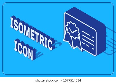 Isometric Certificate template line icon isolated on blue background. Achievement, award, degree, grant, diploma. Business success certificate.  Vector Illustration