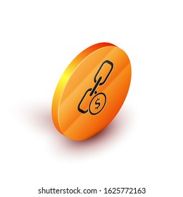 Isometric Chain link and coin icon isolated on white background. Link single. Hyperlink chain symbol. Orange circle button. Vector Illustration