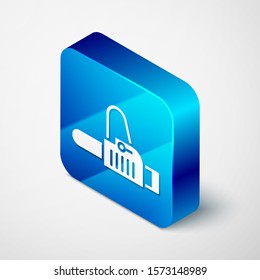 Isometric Chainsaw icon isolated on white background. Blue square button. Vector Illustration