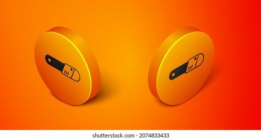 Isometric Chainsaw icon isolated on orange background. Orange circle button. Vector