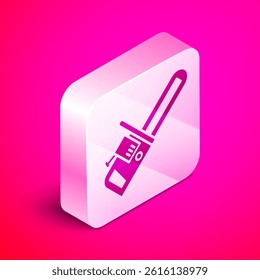 Isometric Chainsaw icon isolated on pink background. Silver square button. Vector Illustration