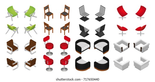 Isometric chair and armchair set. Vector furniture.