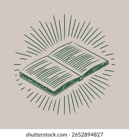Isometric chalk sketch open book with light rays — minimal vector icon