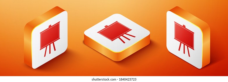 Isometric Chalkboard icon aislado en el fondo naranja. Cartel de la pizarra escolar. Botón cuadrado naranja. Vector.