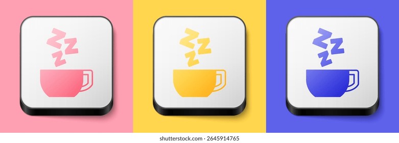 Isometric Chamomile tea icon isolated on pink, yellow and blue background. A useful therapeutic drink from flowers of chamomile medicinal. Square button. Vector