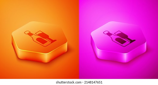 Isometric Champagne bottle with glass icon isolated on orange and pink background. Hexagon button. Vector