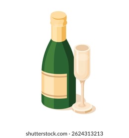 Isometric champagne bottle with glass. Vector illustration. Web icon. Objects isolated on white background. Festive party beverage. Christmas or birthday celebration alcohol.