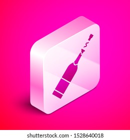 Isometric Champagne bottle icon isolated on pink background. Silver square button. Vector Illustration