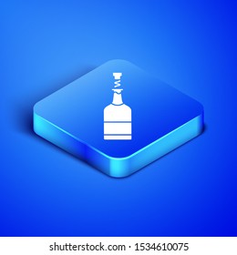 Isometric Champagne bottle icon isolated on blue background. Blue square button. Vector Illustration