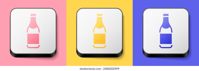 Isometric Champagne bottle icon isolated on pink, yellow and blue background. Merry Christmas and Happy New Year. Square button. Vector