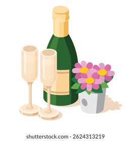 Isometric champagne bottle with two glasses and pink flowers in bucket. Vector illustration. Objects isolated on white background. Elements for greeting cards. Valentine's day.