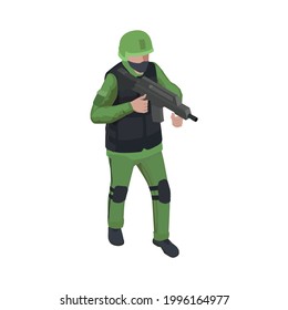 Isometric Character Of Armed Soldier Wearing Armor Vest 3d Vector Illustration