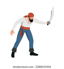 Carácter isométrico del pirata barbudo armado con ilustración vectorial espada 3d