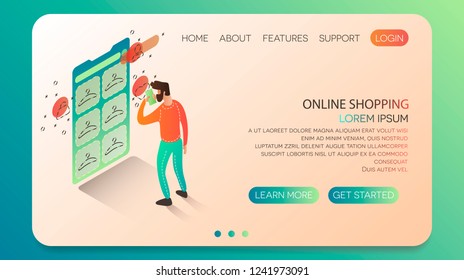 Isometric character buy things online. 
Online shopping concept. Modern landing page. Flat illustration for Your design solutions