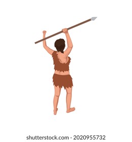 Isometric character of caveman hunter holding spear back view vector illustration