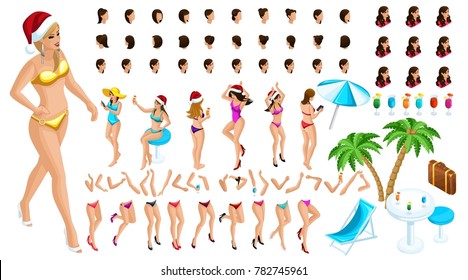 Isometric character constructor, a dancing girl for Christmas illustrations on the beach, with a set of emotions, hairstyles, gestures of hands and feet, palm.