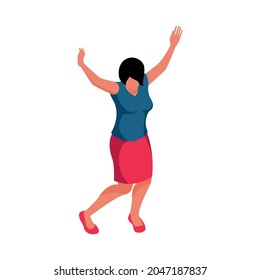 Isometric character of dancing woman with short black hair blue blouse red skirt and shoes vector illustration