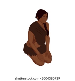 Carácter isométrico de una mujer primitiva de piel oscura sentada sobre sus rodillas Ilustración vectorial 3d