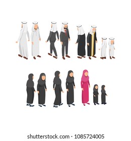 Isometric Character Design Wearing Arabian Traditional Clothes. Man, Woman, Child, Old Man, and Old Woman. Flat 3D Illustration