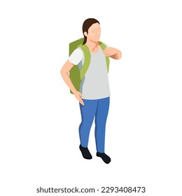 Isometric character of female traveller with backpack vector illustration