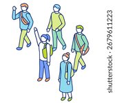 Isometric character illustration set. A group walking in one direction.