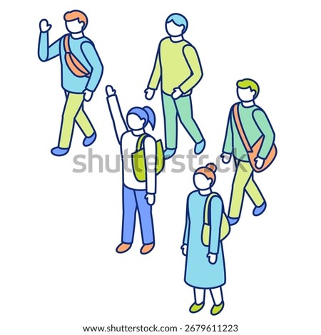 Isometric character illustration set. A group walking in one direction.