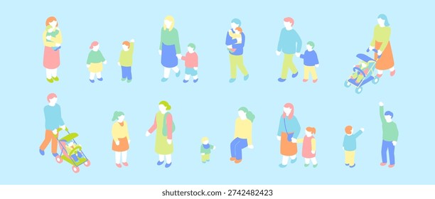 Isometric character illustration set. Parents raising children. Parent and child walking hand in hand. Various parent-child situations.