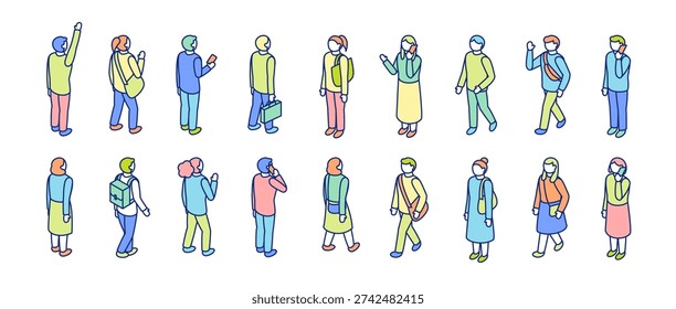 Isometric character illustration set. Walking, greeting, making a phone call, stopping, line art characters.