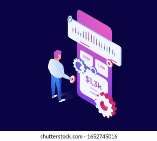 Isometric character like a ui designer or programmer creating structure of information blocks in the application screen. Isometric art illustration, business concept.