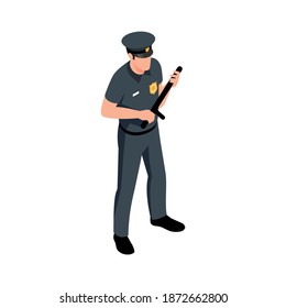 Isometric character of male police officer with baton in hands 3d vector illustration