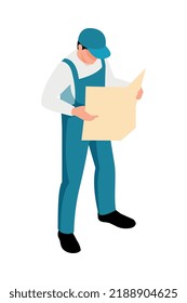 Carácter isométrico del plan de construcción de lectura de trabajo masculino Ilustración vectorial 3d