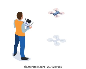 Isometric character man with drone control panel and flying drone. Illustration isolated on white background. Flat isometric vector illustration. 