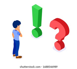 isometric character man makes choice online education or distance exam with red question and green exclamation mark isometric examing isolated vector illustration