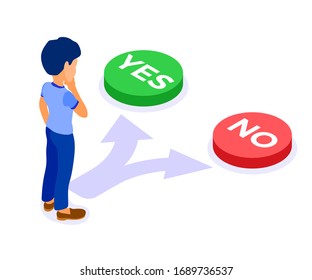 isometric character man makes choice online education or distance exam with yes or no green button isometric examing isolated vector illustration