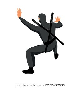 Carácter isométrico de ninja con katanas retrovista 3d ilustración vectorial