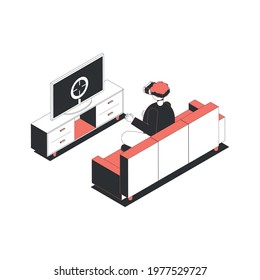 Isometric character playing game on tv in vr glasses 3d vector illustration